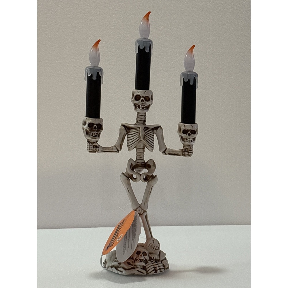 Halloween Spooky Skeleton With Skulls Light Up Flickering Candelabra‎ - New